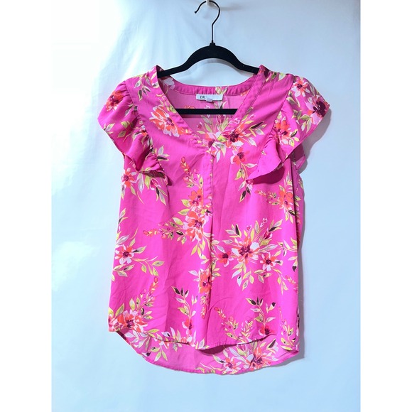 DR2 by Daniel Rainn Tops - DR2 by Daniel Rainn Hot Pink Floral‎ Flutter Sleeve V-Neck Blouse Top Small